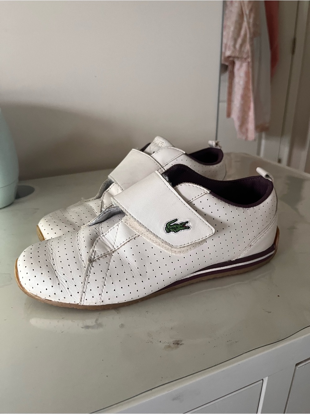 Lacoste White Leather Strap Sneakers Perforated Low Top women size 6.5